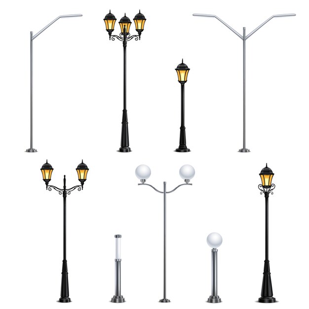 Street lights realistic icon set on white background in different styles for the city  illustration
