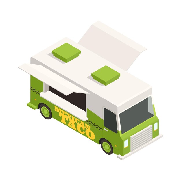 녹색과 흰색 색상 아이소메트릭 아이콘 3d 벡터 일러스트 레이 션에 거리 멕시코 타코 푸드 트럭