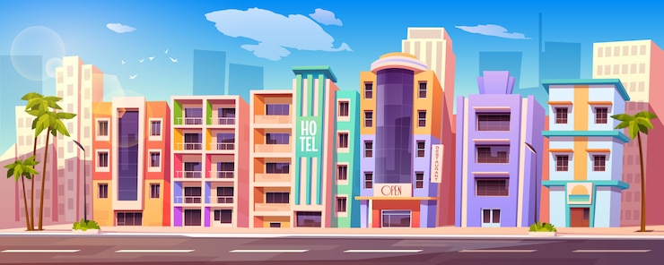Free Vector street in miami with hotels and palm trees