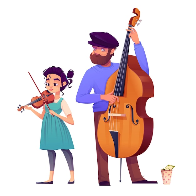 Vettore gratuito illustrazione vettoriale di persone di gruppo di musicisti di strada uomo felice che suona il contrabbasso con violino ragazza guadagna soldi al concerto o al festival gruppo di giocatori performance dal vivo isolato personaggio design clipart