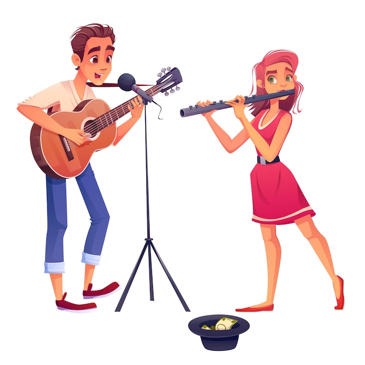 Free Vector street musician people band vector illustration man singer with guitar and woman flute player concert performance isolated cartoon clipart money in hat for artist performer on festival entertainment