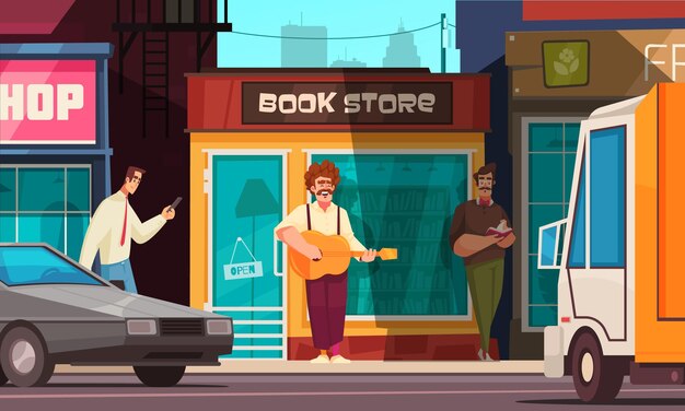 Free vector street musicians cartoon concept with man playing guitar outdoors vector illustration