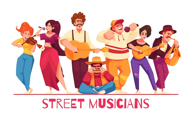 Musicisti di strada concetto di cartone animato con persone che cantano e suonano strumenti musicali illustrazione vettoriale