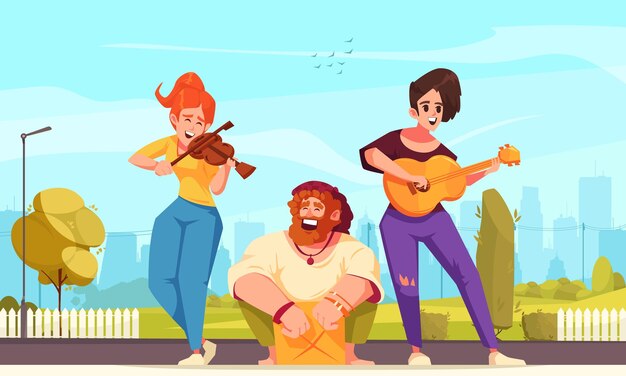 Бесплатное векторное изображение Уличные музыканты мультфильмный плакат с счастливой бандой, играющей на струнах на открытом воздухе векторная иллюстрация