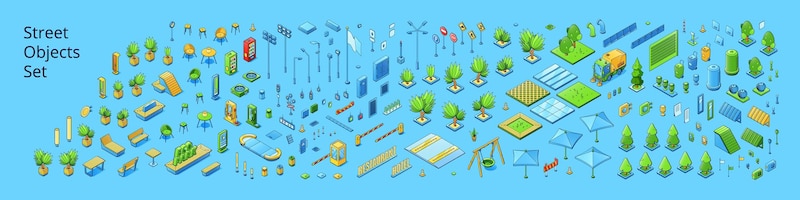 Street objects set isometric trees road signs