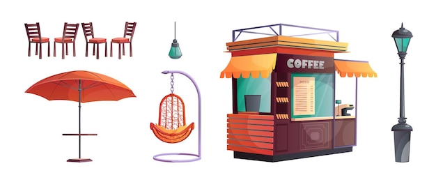 Vettore gratuito set di illustrazioni vettoriali per tavoli da caffè all'aperto di strada caffetteria esterna dei cartoni animati con sedia da caffè, amaca e ombrellone clipart per la scena del parco facciata di affari del negozio di città con menu e bancone