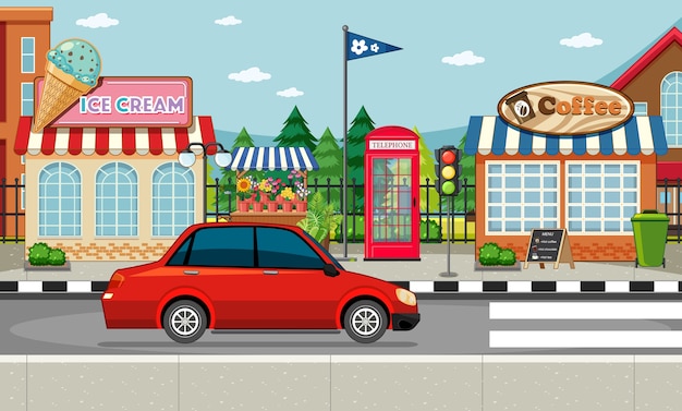 アイスクリームショップ、コーヒーショップ、ストリートシーンの赤い車のあるストリートサイドシーン