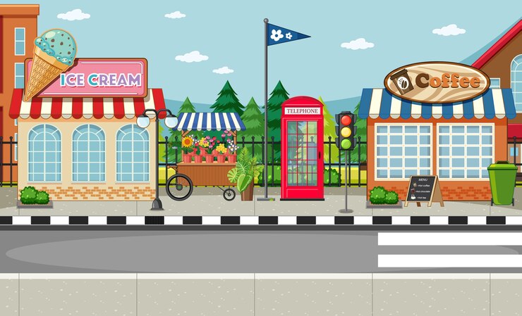 मुफ़्त वेक्टर street side scene with ice cream shop and coffee shop scene