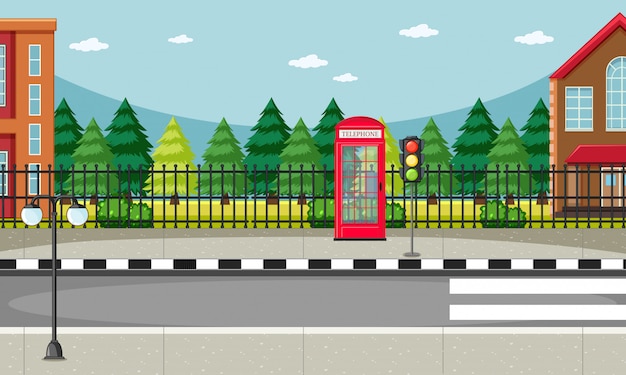Vettore gratuito scena del lato della via con la scena rossa della cabina telefonica
