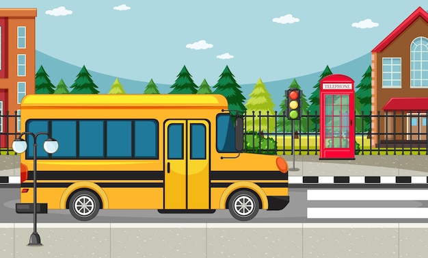 Free vector street side scene with school bus on the road scene