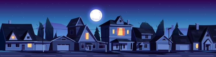 Free Vector street in suburb district with houses at night
