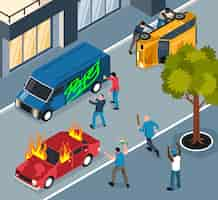 Free vector street vandals isometric background with hooligans painting turning over and setting fire to cars vector illustration