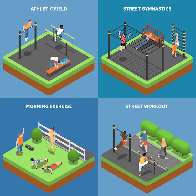 Free vector street workout morning exercises and outdoor gymnastics at athletic field isometric concept isolated