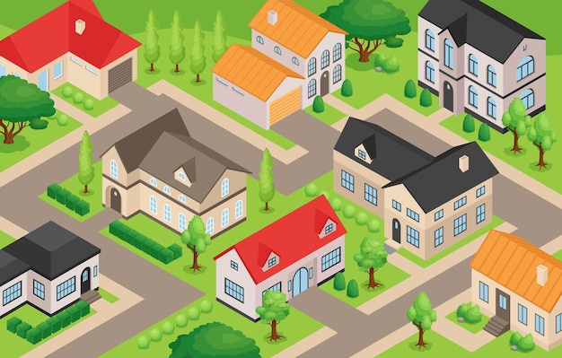 Free vector streets with modern private houses yards and garages 3d isometric