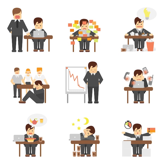 Free vector stress at work icons set