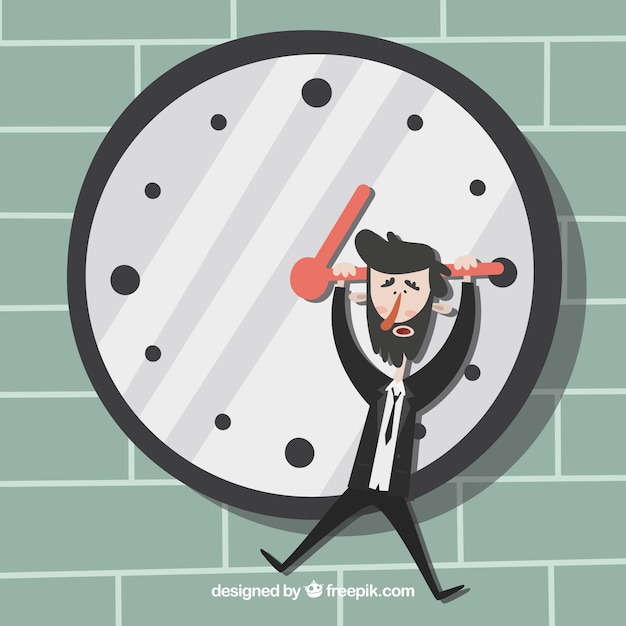 Free vector stressed businessman hanging on a clock