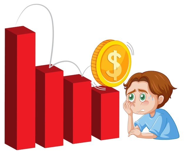 Stressed man with red bar chart and a coin