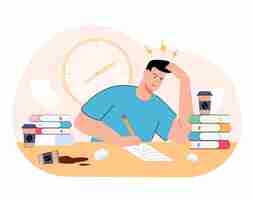 Free vector stressed millennial guy studying before college exams. distressed student meeting deadline doing assignment preparing for test at home with books. flat illustration