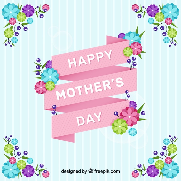 Striped background with pink ribbon and colored flowers for mother's day