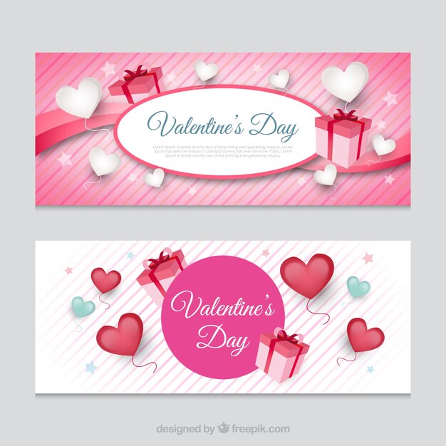 Striped banners with hearts and gifts