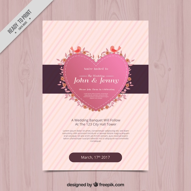 Striped bridal shower invitation with cute heart and birds