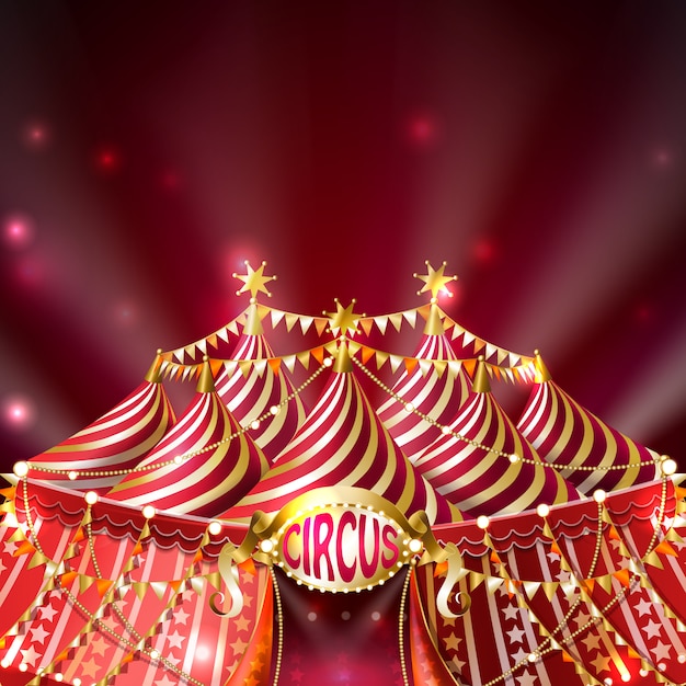 Бесплатное векторное изображение Полосатый цирк с золотыми флагами, звездами и световой вывеской