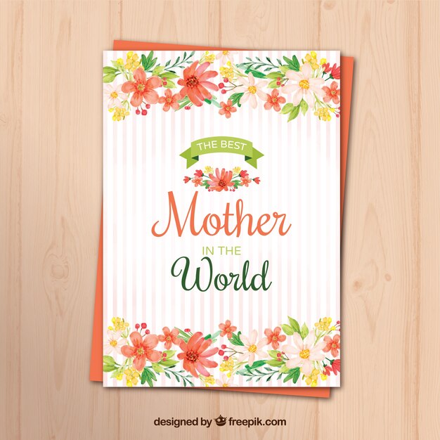 Полосатая поздравительная открытка с акварельными цветами на день матери