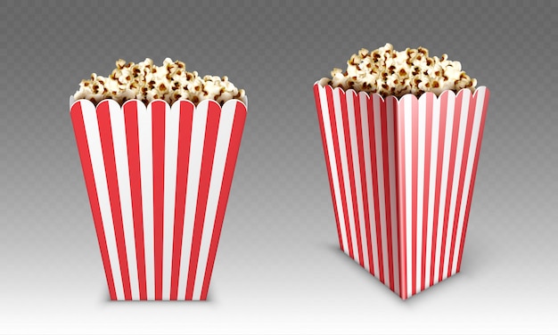 Striped paper box with popcorn isolated on white background. realistic mock up of white and red bucket with pop corn for cinema or movie theater front and angle view