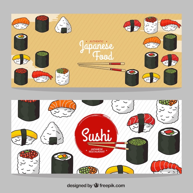 Striped restaurant banners with tasty sushi