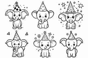 Vettore gratuito elefante di compleanno con contorno di tratto con collezione di cappelli da festa
