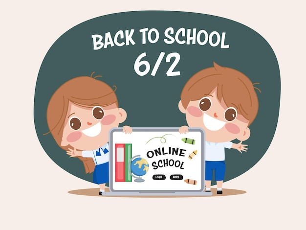 Free vector student back to school in online study with computer cute children cartoon character