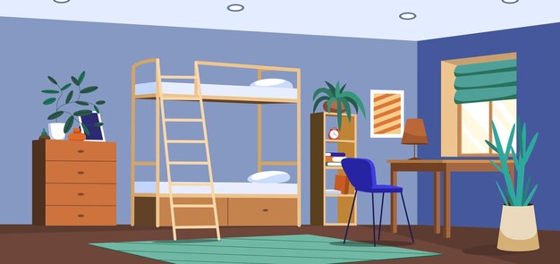 Student bedroom in dormitory with bunk bed desk and chair