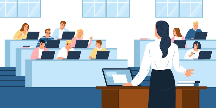 Free Vector student campus flat concept with professor speaking in front of the audience vector illustration