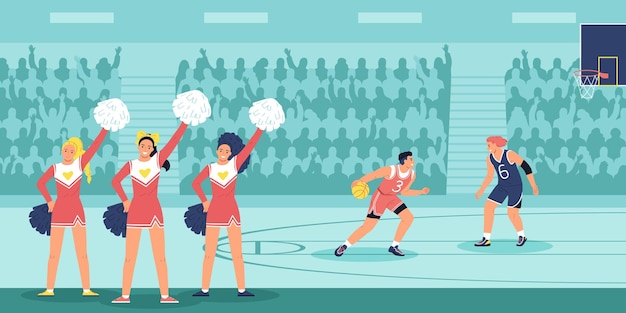 Vettore gratuito concetto piano di vita del campus dello studente con il gioco di pallacanestro nell'illustrazione di vettore dello stadio dell'università