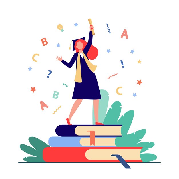 Student celebrating graduation. Girl in gown and cap with diploma dancing on books flat vector illustration. Graduate, education, college