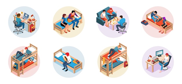 Изометрические круглые композиции студенческого общежития с подростками, изучающими отдых, делающими домашнее задание, спящими изолированными векторными иллюстрациями