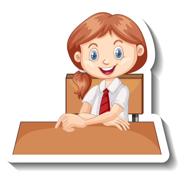 학생 소녀 책상에 앉아 만화 스티커