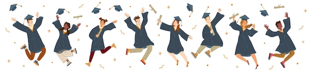 Student graduate jump characters in gown and cap