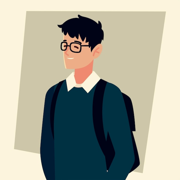 眼鏡とバッグのキャラクターを持つ学生の男 人々の学生大学のイラスト プレミアムベクター