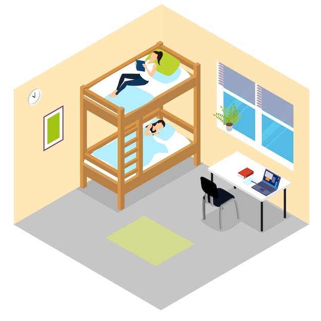 Free vector student room isometric composition