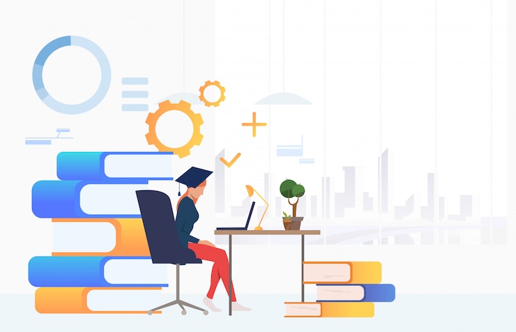 Free Vector student using laptop and studying at desk