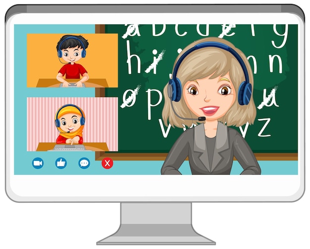 Free vector student video chat online screen on computer screen on white background