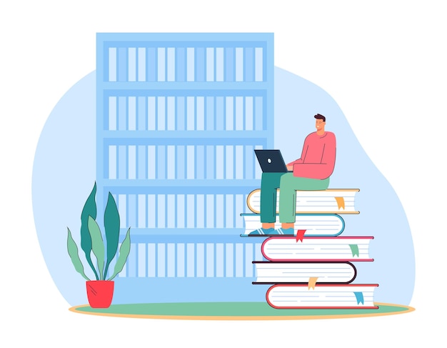 Free vector student with laptop sitting on huge books in library. male character studying on computer flat vector illustration. online education, knowledge concept for banner, website design or landing web page