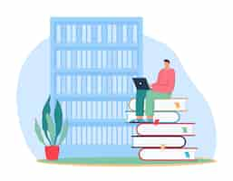 Free vector student with laptop sitting on huge books in library. male character studying on computer flat vector illustration. online education, knowledge concept for banner, website design or landing web page