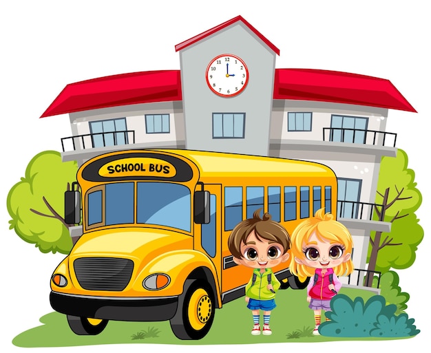 Student with school bus in front of school