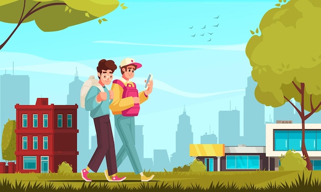 Free vector students cartoon composition with teenagers with backpacks walking by vector illustration