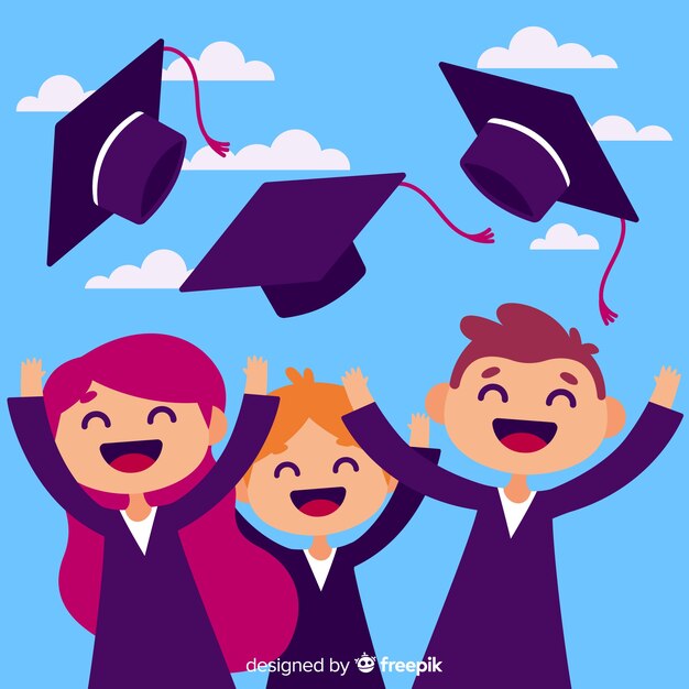 Students graduation hats in the air