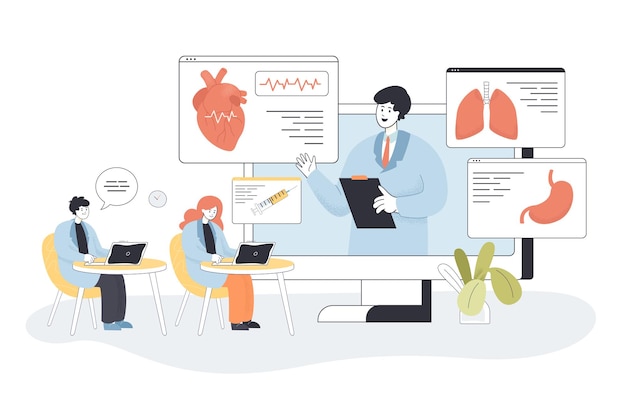 Free vector students learning medicine online on webinar in virtual class. people training with doctor on podcast lesson or lecture flat vector illustration. web platform for medical education, healthcare concept