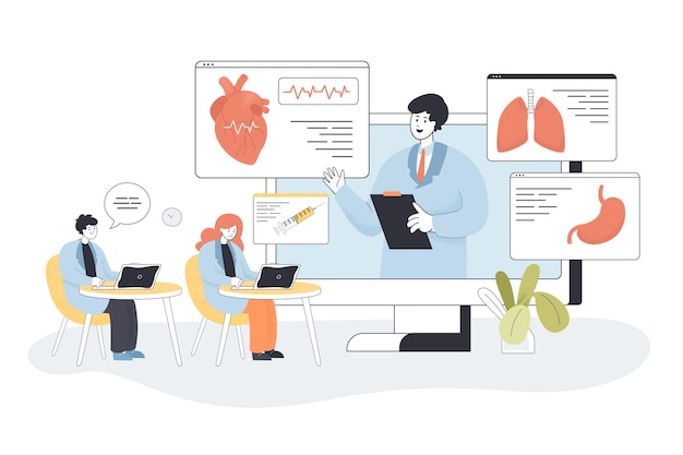 Students learning medicine online on webinar in virtual class. people training with doctor on podcast lesson or lecture flat vector illustration. web platform for medical education, healthcare concept
