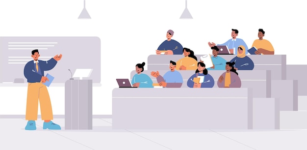 Free vector students in lecture hall with teacher explain information learning process in university auditorium with scholars and professor in seminar education studying concept line art vector illustration